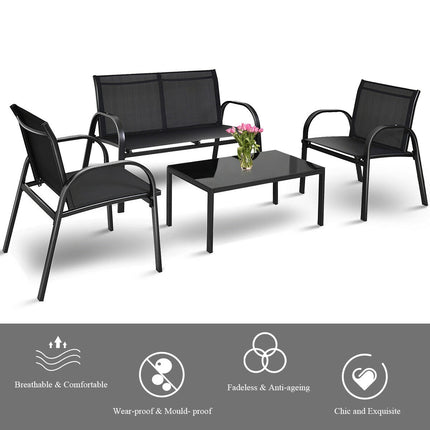 Patio Furniture Set with Glass Top Coffee Table 4 Pieces Black, Costway, 5
