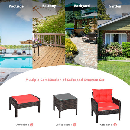 Patio Rattan Sofa Ottoman Furniture Set with Cushions,  5 Pieces, Red, Costway