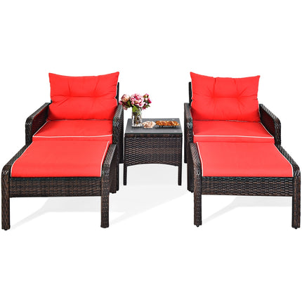 Patio Rattan Sofa Ottoman Furniture Set with Cushions,  5 Pieces, Red, Costway, 5