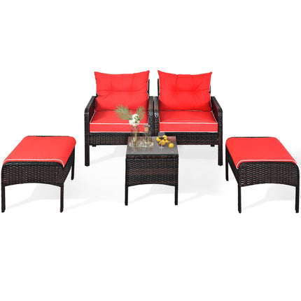Patio Rattan Sofa Ottoman Furniture Set with Cushions,  5 Pieces, Red, Costway, 9