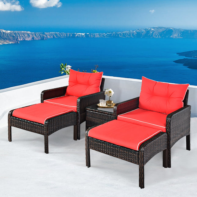 Patio Rattan Sofa Ottoman Furniture Set with Cushions,  5 Pieces, Red, Costway, 2