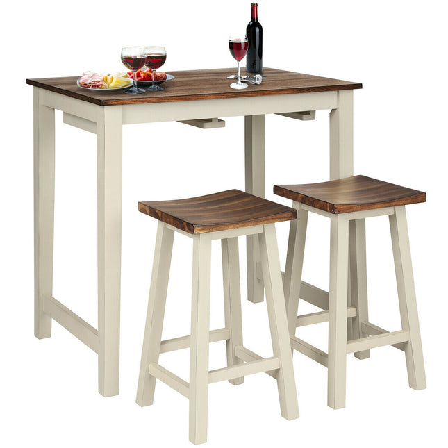 Dining Table Set, Counter Height Pub Table with 2 Saddle Bar Stools, Costway