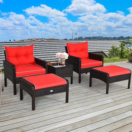 Patio Rattan Sofa Ottoman Furniture Set with Cushions,  5 Pieces, Red, Costway, 3