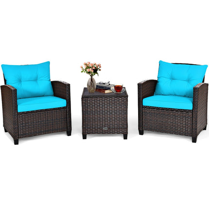 Patio Rattan Furniture Set Cushioned Conversation Set Coffee Table, Turquoise, 3 Pcs , Costway, 5