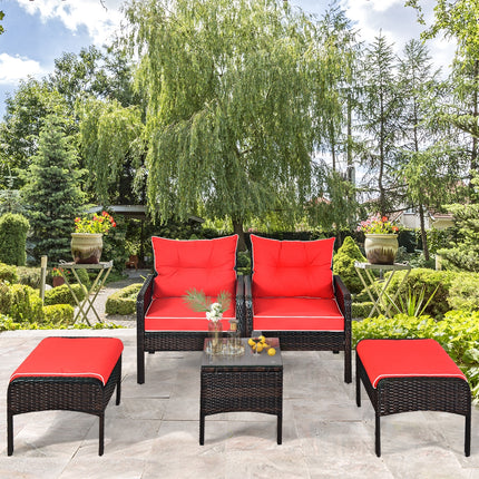 Patio Rattan Sofa Ottoman Furniture Set with Cushions,  5 Pieces, Red, Costway, 7