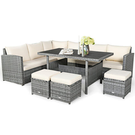 Outdoor Patio Furniture, Outdoor Dining Set, Dining Set, Patio Rattan Dining Sofa Set with Ottoman, 7 Pieces, Costway, 6