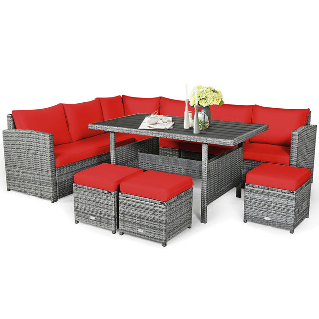 Outdoor Dining set, Patio Rattan Dining Furniture Sectional Sofa Set with Wicker Ottoman, Red, 7 Pieces, Costway, 2