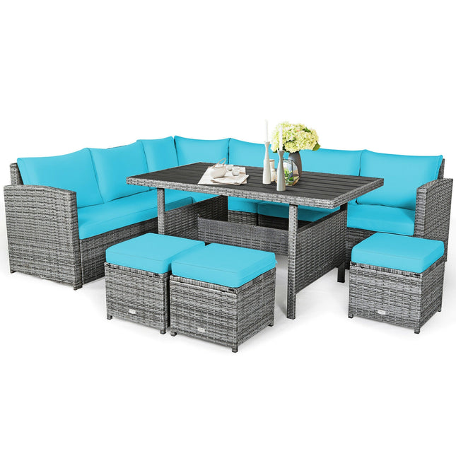 Outdoor Patio Furniture, Dining Set, Patio Rattan Dining Furniture Sofa Set with Wicker Ottoman, 7 Pieces, Costway
