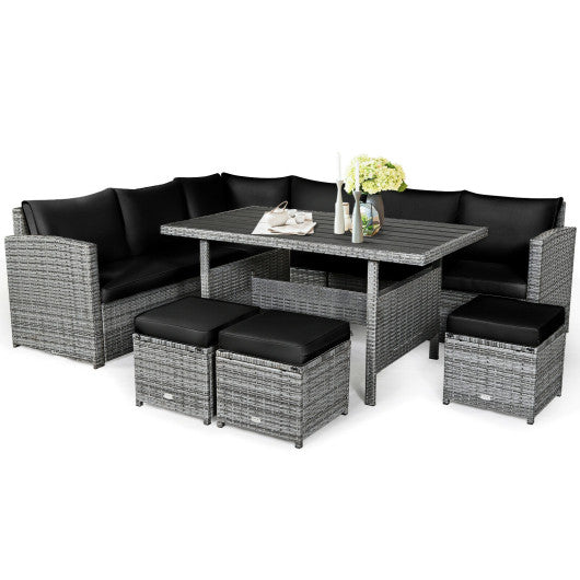 Patio Rattan Dining Furniture Sectional Sofa Set with Wicker Ottoman, Black, 7 Pieces , Costway, 1