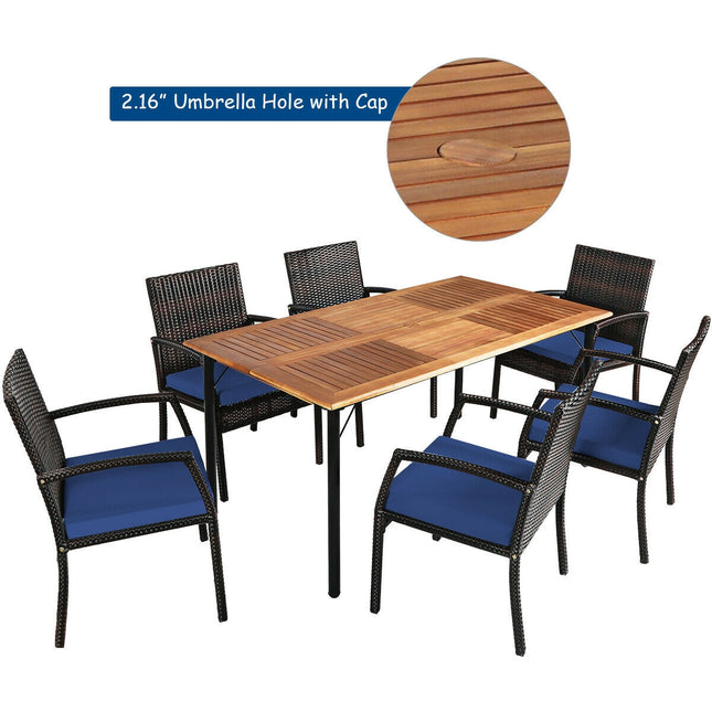Outdoor Patio Furniture, Dining Set, Patio Rattan Cushioned Dining Set with Umbrella Hole, Navy, 7 Pcs, Costway, 2