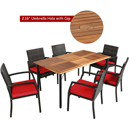 Outdoor Patio Furniture, Dining Set, Patio Rattan Cushioned Dining Set with Umbrella Hole, Red, 7 Pcs, Costway, 4