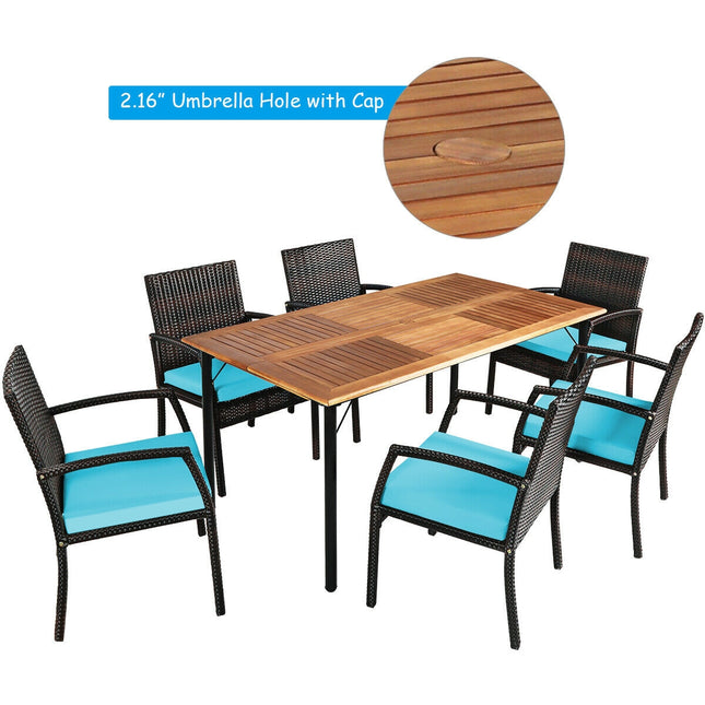 Patio Rattan Cushioned Dining Set with Umbrella Hole, Turquoise, 7Pcs , Costway, 6