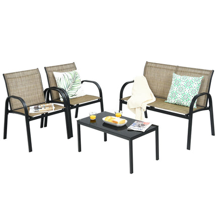 Patio Furniture Set with Glass Top Coffee Table, Brown, 4 Pieces, Costway, 5