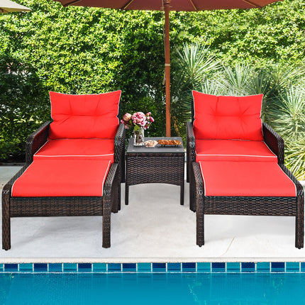 Patio Rattan Sofa Ottoman Furniture Set with Cushions,  5 Pieces, Red, Costway, 8