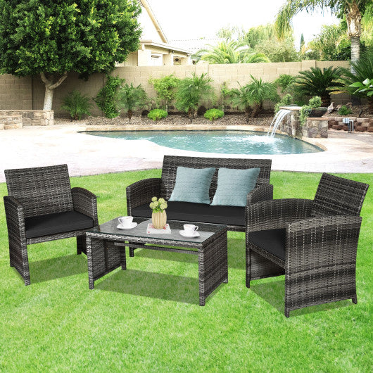 Patio Rattan Furniture Set Conversation Glass Table Top Sofa Cushioned  Black, 4PCS , Costway, 1