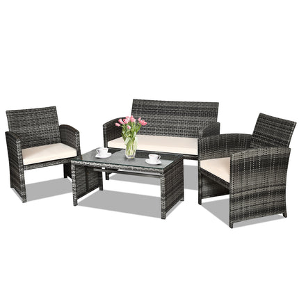 Outdoor Patio Furniture, Patio Rattan Furniture Set, Glass Table, Sofa, 2 Chairs, 3 Cushions, White, Rattan, Costway, 2