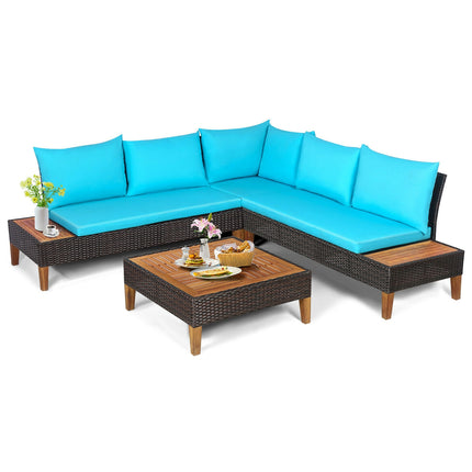 Outdoor Patio Furniture, Patio Cushioned Rattan Furniture Set with Wooden Side Table, Turquoise, 4 Pieces, Costway, 4
