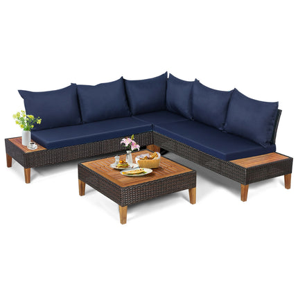 Patio Cushioned Rattan Furniture Set with Wooden Side Table, Navy, 4 Pieces , Costway