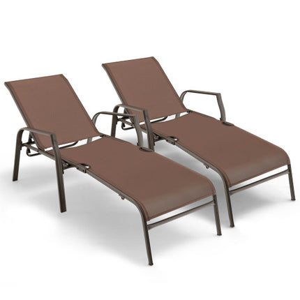 Patio Folding Chaise Lounge Chair Set with Adjustable Back, 2 Pieces , Brown, Costway, 3