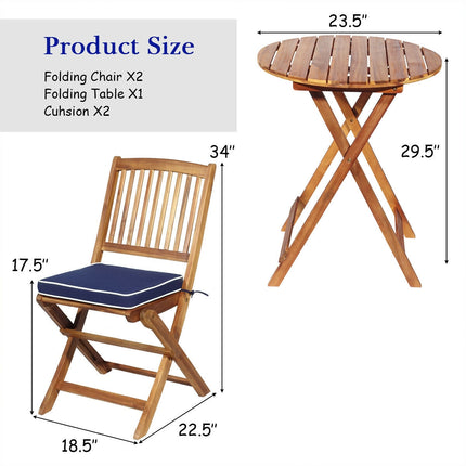 Patio Folding Bistro Set with Padded Cushion and Round Coffee Table, Navy, 3 Pieces, Costway, 5