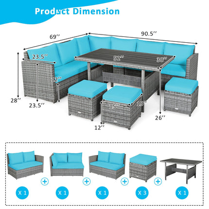 Patio Rattan Dining Furniture Sectional Sofa Set with Wicker Ottoman, Turquoise, 7 Pieces , Costway, 6