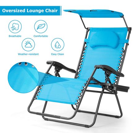Folding Recliner Lounge Chair with Shade Canopy Cup Holder, Blue, Costway, 5