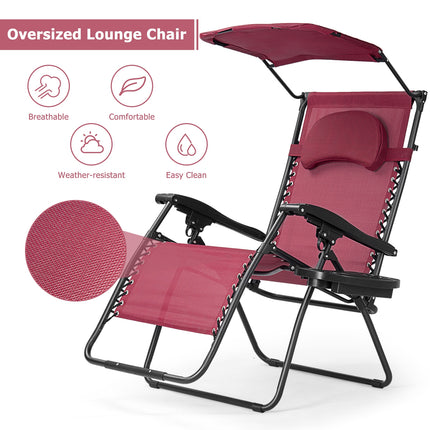 Folding Recliner Lounge Chair with Shade Canopy Cup Holder, Dark Red, Costway, 5