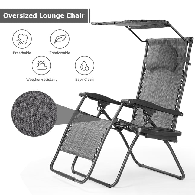 Folding Recliner Lounge Chair with Shade Canopy Cup Holder, Gray, Costway, 5