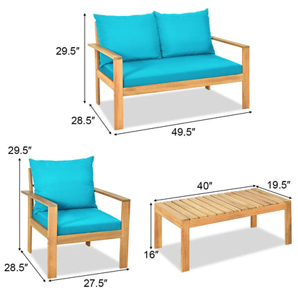 Outdoor Dining set, Outdoor Acacia Wood Chat Set with Water Resistant Cushions, Turquoise, 4 Pieces, Costway, 7