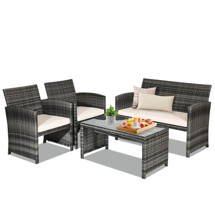 Outdoor Patio Furniture, Patio Rattan Furniture Set, Glass Table, Sofa, 2 Chairs, 3 Cushions, White, Rattan, Costway, 4