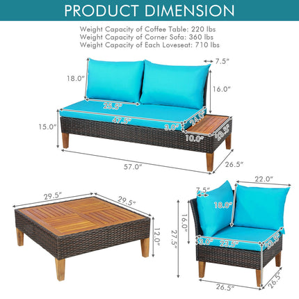 Patio Cushioned Rattan Furniture Set with Wooden Side Table, Turquoise, 4 Pieces , Costway, 5
