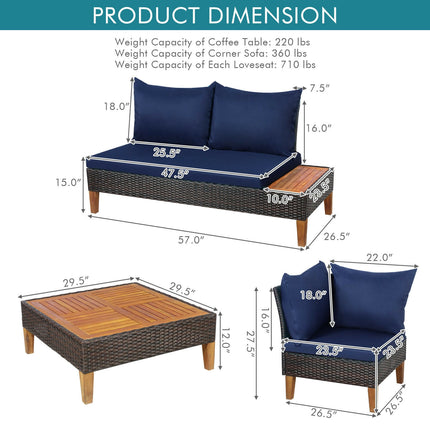 Patio Cushioned Rattan Furniture Set with Wooden Side Table, Navy, 4 Pieces , Costway, 5