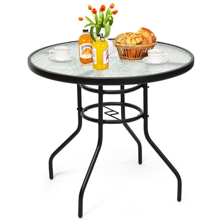 Patio Tempered Glass Steel Frame Round Table with Convenient Umbrella Hole 32 Inch, Costway, 9