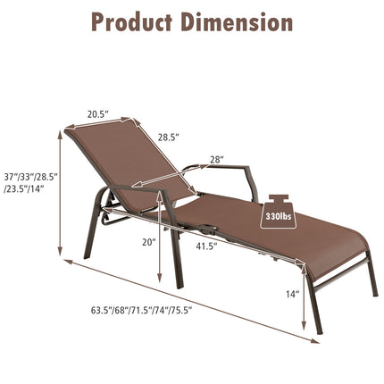 Patio Folding Chaise Lounge Chair Set with Adjustable Back, 2 Pieces , Brown, Costway, 5