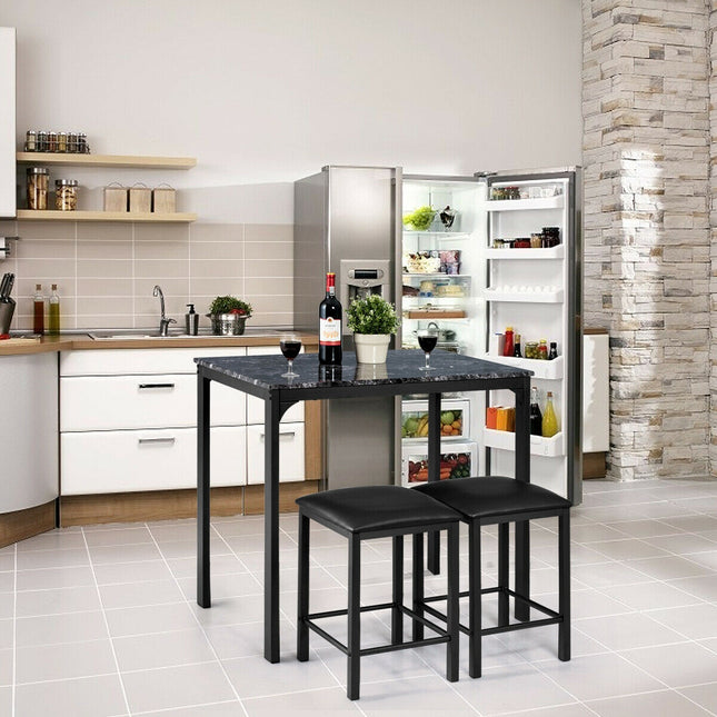 Counter Height Dining Set Faux Marble Table 3 Piece , Black, Costway, 2