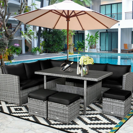 Outdoor Dining Set, Patio Rattan Dining Furniture Sectional Sofa Set with Wicker Ottoman, Black, 7 Pieces, Costway, 3