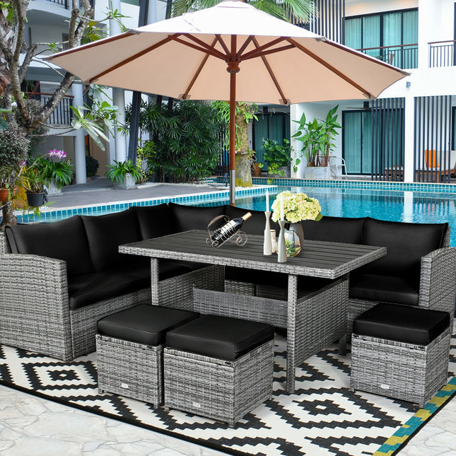 Patio Rattan Dining Furniture Sectional Sofa Set with Wicker Ottoman, Black, 7 Pieces , Costway, 2
