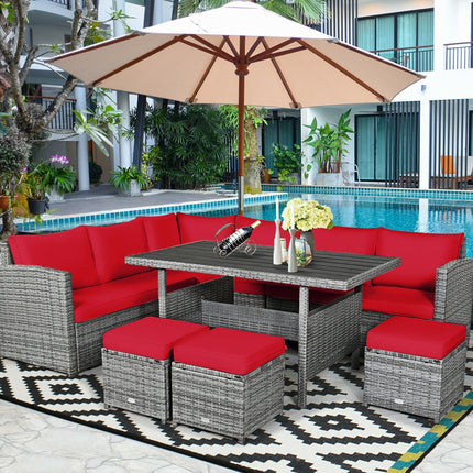 Outdoor Dining set, Patio Rattan Dining Furniture Sectional Sofa Set with Wicker Ottoman, Red, 7 Pieces, Costway, 9