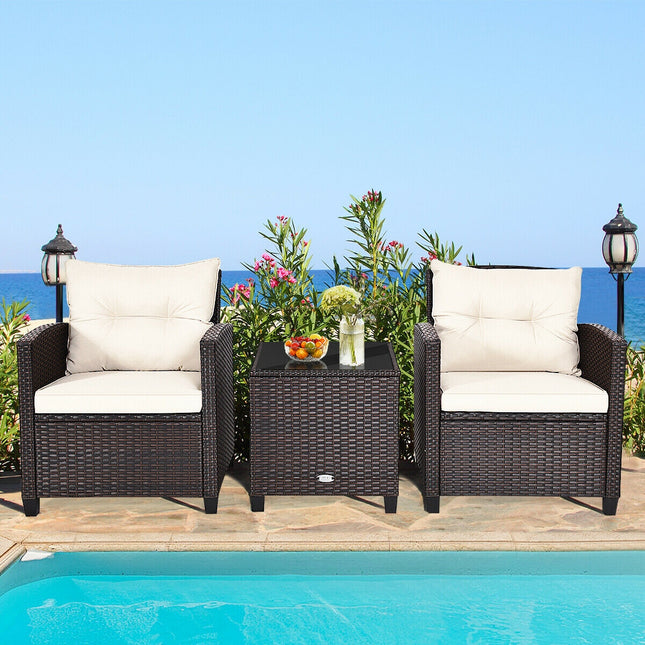 Patio Rattan Furniture Set Cushioned Conversation Set Coffee Table, 3 Pcs , Costway, 2