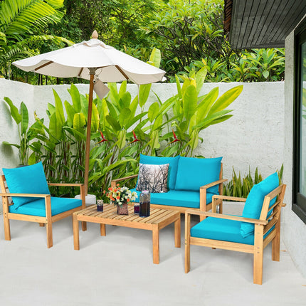 Outdoor Dining set, Outdoor Acacia Wood Chat Set with Water Resistant Cushions, Turquoise, 4 Pieces, Costway, 3