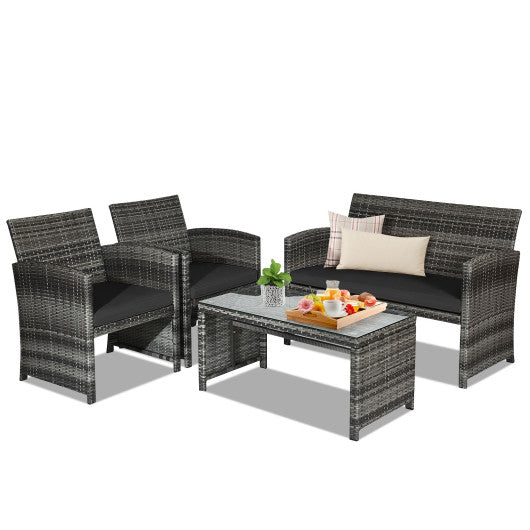 Patio Rattan Furniture Set with Glass Table and Loveseat, Black, 4 Pieces , Costway, 1