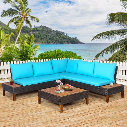 Outdoor Patio Furniture, Patio Cushioned Rattan Furniture Set with Wooden Side Table, Turquoise, 4 Pieces, Costway, 2