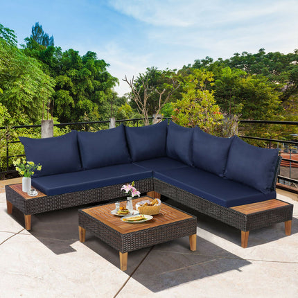 Patio Cushioned Rattan Furniture Set with Wooden Side Table, Navy, 4 Pieces , Costway, 7