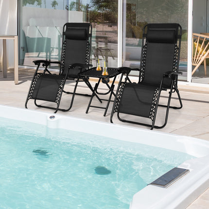 Folding Portable Zero Gravity Reclining Lounge Chairs Table Set, 3 Pieces Black, Costway, 8