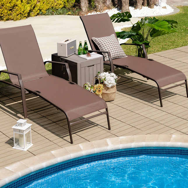Patio Folding Chaise Lounge Chair Set with Adjustable Back, 2 Pieces , Brown, Costway, 1