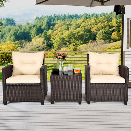 Patio Rattan Furniture Set with Washable Cushions and Tempered Glass Tabletop, 3 Pieces , Costway, 2