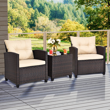 Patio Rattan Furniture Set with Washable Cushions and Tempered Glass Tabletop, 3 Pieces , Costway, 3