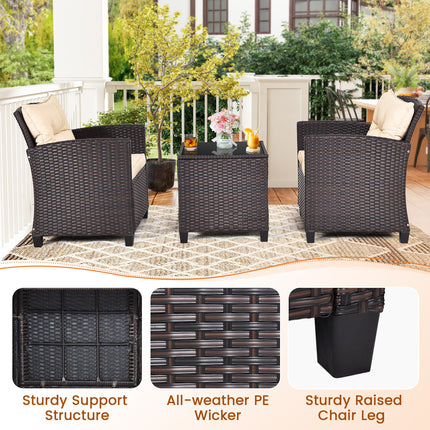Patio Rattan Furniture Set with Washable Cushions and Tempered Glass Tabletop, 3 Pieces , Costway, 8