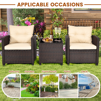 Patio Rattan Furniture Set with Washable Cushions and Tempered Glass Tabletop, 3 Pieces , Costway