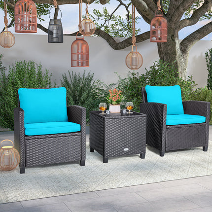 Rattan Patio Furniture Set with Washable Cushion, Beige & Turquoise, 3 Pieces , Costway, 3